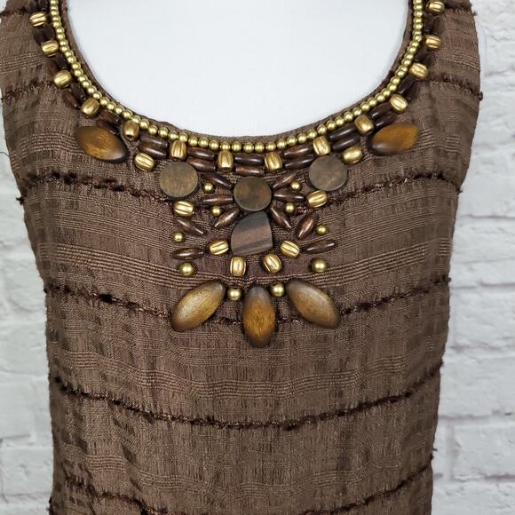 Eliza J Brown Silk Blended Dress Beaded Scoop Neck Back Zipper Size 8 - Picture 4 of 12